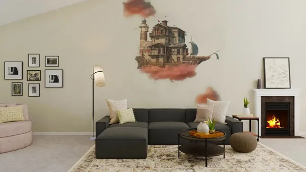 A mural of an ancient building.