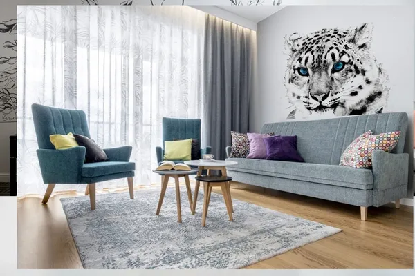 A mural of a leopard on the living romm wall.
