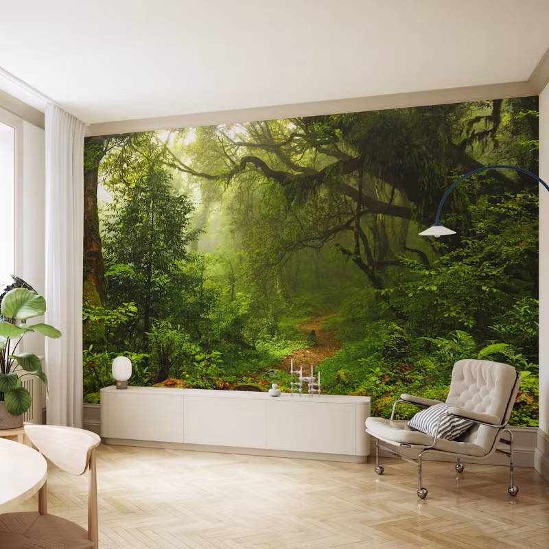A mural of a forest in a living room.