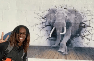 A picture of a boy possing infront of a well painted wall.