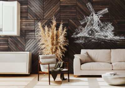 A mural of a windmill.