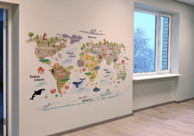 A mural of a world map for children.
